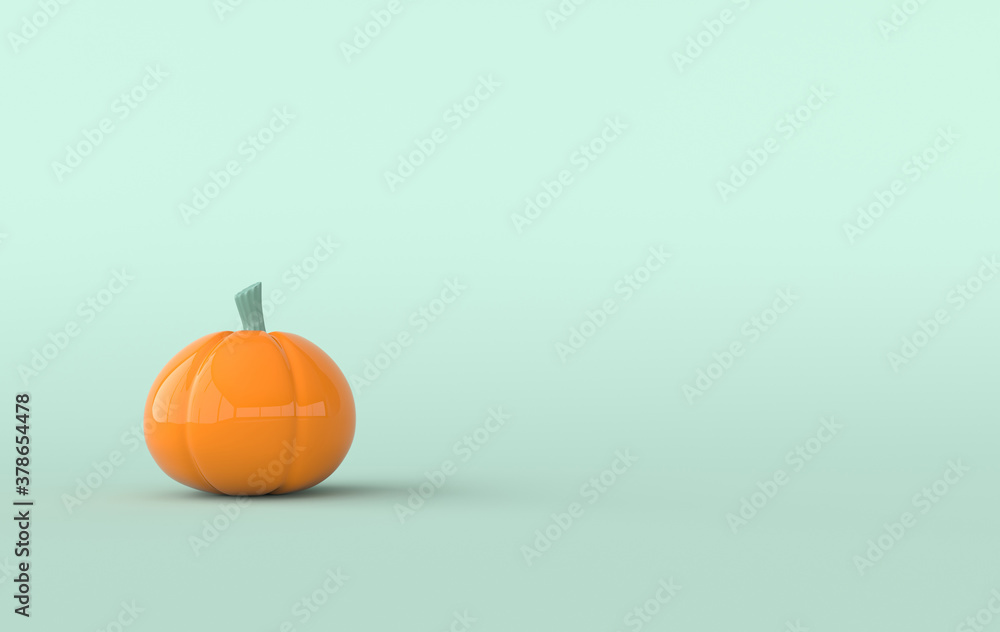 3d render pumpkin on green background space. Minimal concept. Holiday decoration pumpkin for celebration halloween event template