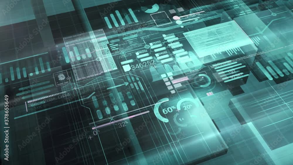 Abstract 3D space with infographics and code elements. Abstract 3D space with infographics and code elements.
