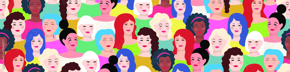 Group of young women banner. Women faces. Different ethnicity, hair and clothes. Vector illustration.