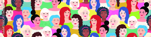 Group of young women banner. Women faces. Different ethnicity, hair and clothes. Vector illustration.