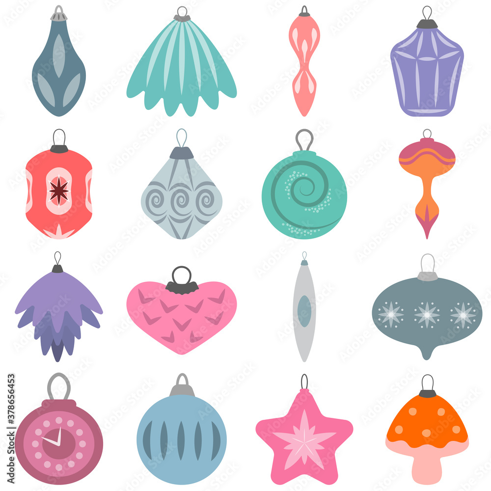 Set of christmas tree decorations. Festive decor items in flat style.