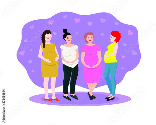Pregnant women posing with different hairstyles and clothes. Pregnant fashion set. Happy expectant beautiful mother. Motherhood. Vector illustration of a flat design.