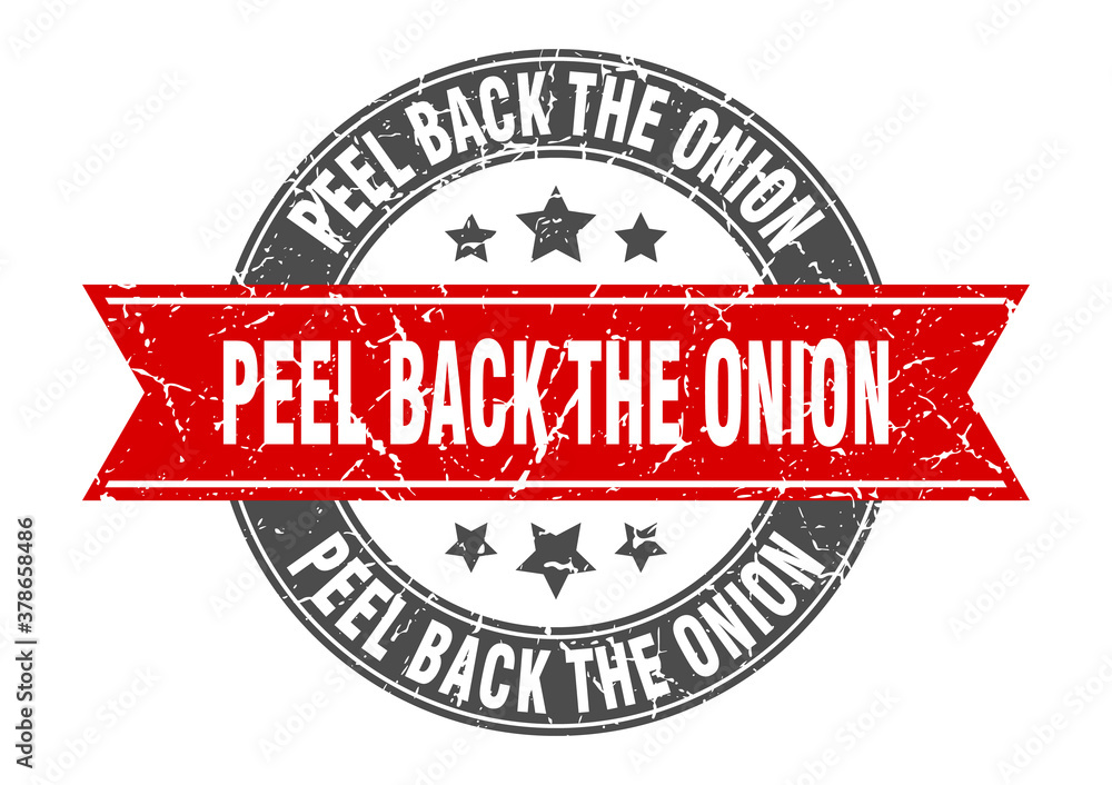 Obraz premium peel back the onion round stamp with ribbon. label sign
