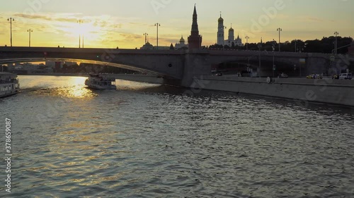 Views from a pleasure boat to the sights of Moscow, a panorama of the Kremlin wall located on the Bank of the Moscow river