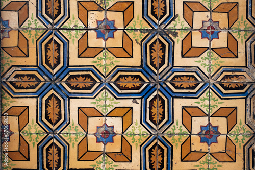 Traditional old tiles wall on the street Portuguese painted tin-glazed, azulejos ceramic tilework. Porto, Portugal.