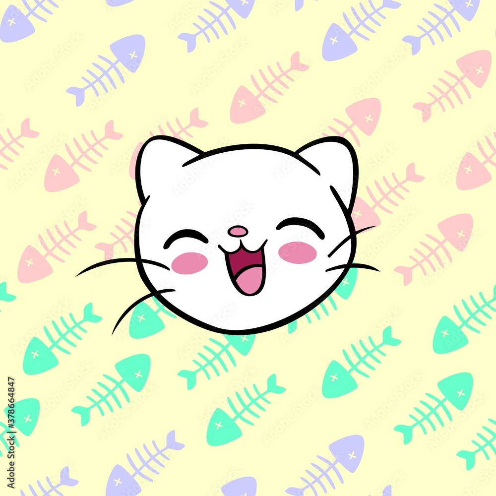 Seamless pattern with cartoon white kitten and fis illustration Seamless pattern with cartoon white kitten and fis illustration