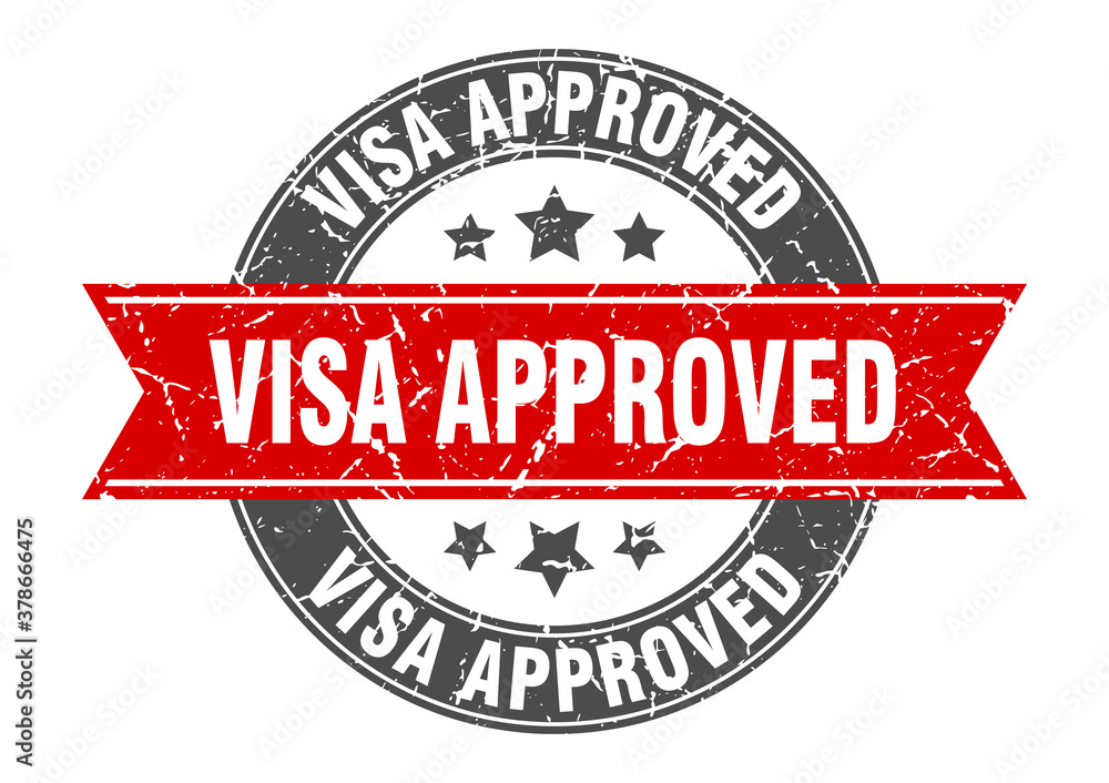 visa approved round stamp with ribbon. label sign