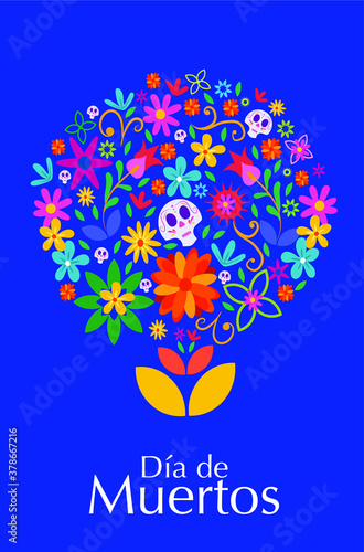 Day of the dead celebration - Offering made with flowers, text in Spanish: Day of the dead
