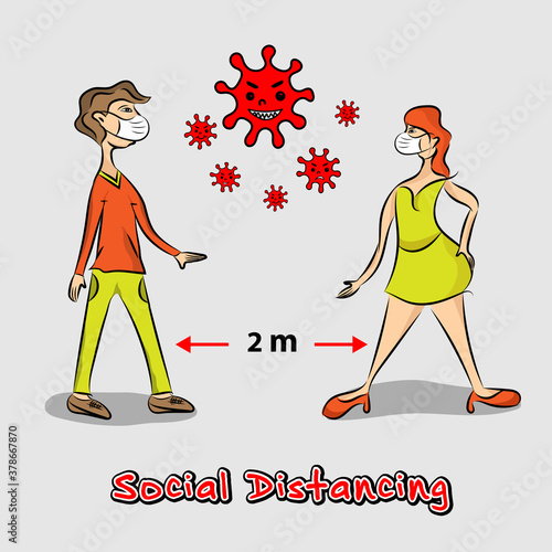 Social Distancing man with women wearing surgical or medical face mask maintain to prevent COVID-19.  Cartoon vector illustration 