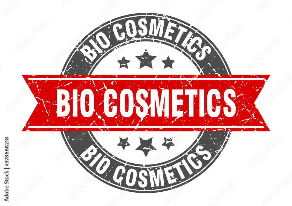 bio cosmetics round stamp with ribbon. label sign