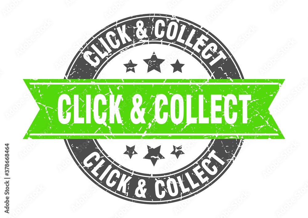 Obraz premium click & collect round stamp with ribbon. label sign