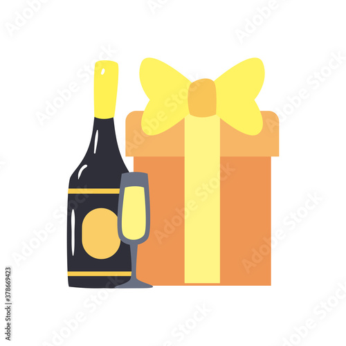 Gift champagne bottle and cup free form style icon vector design