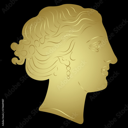 Beautiful golden female head in profile. Antique Greek or Roman goddess.