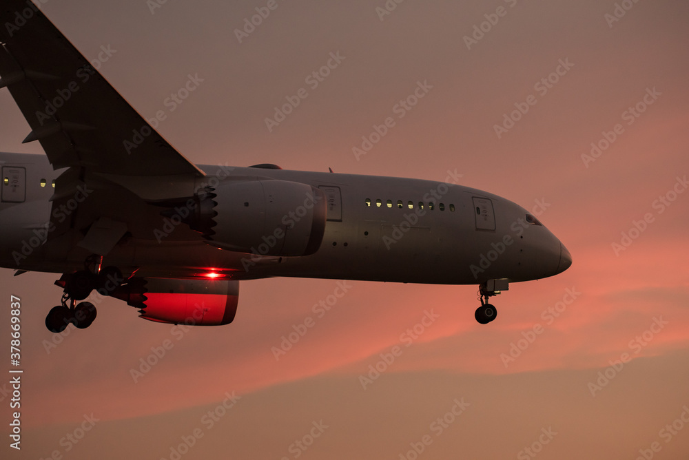 Obraz premium 夕焼けの空と飛行機 到着便