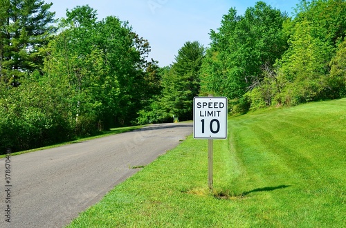 Speed Limit sign 10 mph on the roadside for a Park in upstate New York, USA