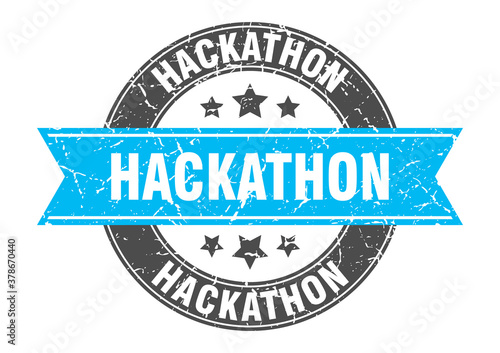 hackathon round stamp with ribbon. label sign