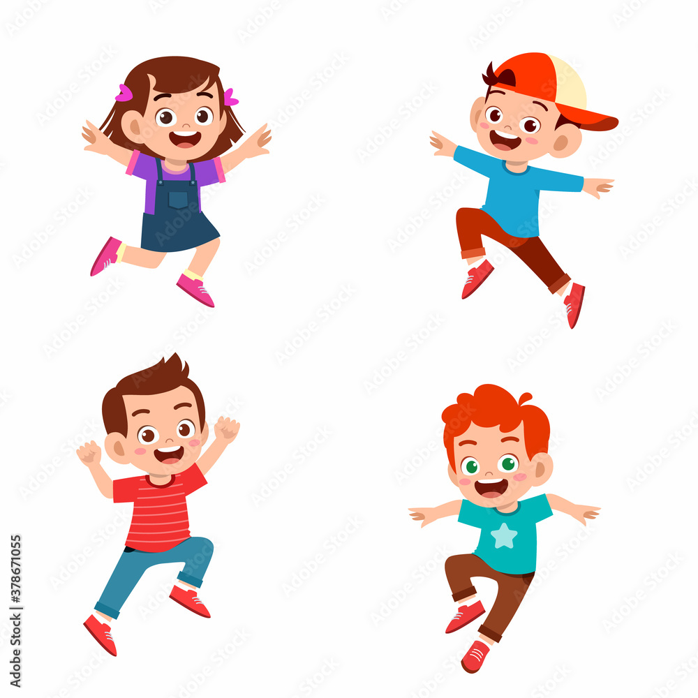 happy cute kid boy and girl jump and smile set bundle. multiracial friend together happy cute kid boy and girl jump and smile set bundle. multiracial friend together