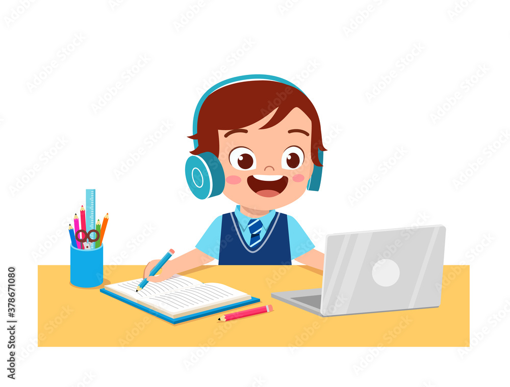happy cute little kid do home school with computer laptop connect to internet study e-learning and course. e-learning web element happy cute little kid do home school with computer laptop connect to internet study e-learning and course. e-learning web element