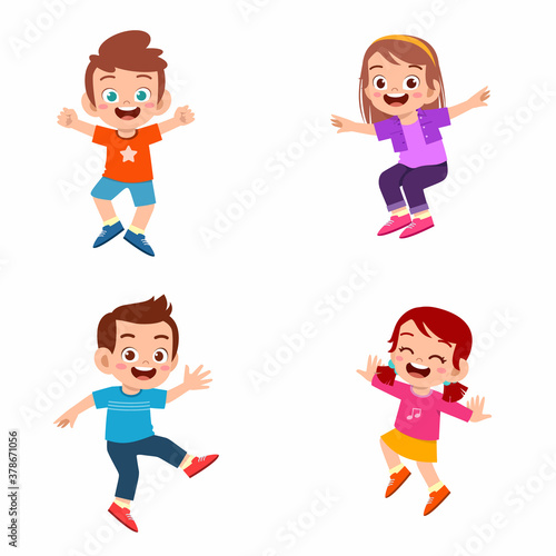 happy cute kid boy and girl jump and smile set bundle. multiracial friend together