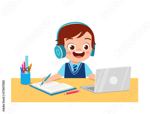 happy cute little kid do home school with computer laptop connect to internet study e-learning and course. e-learning web element