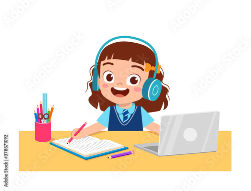 happy cute little kid do home school with computer laptop connect to internet study e-learning and course. e-learning web element