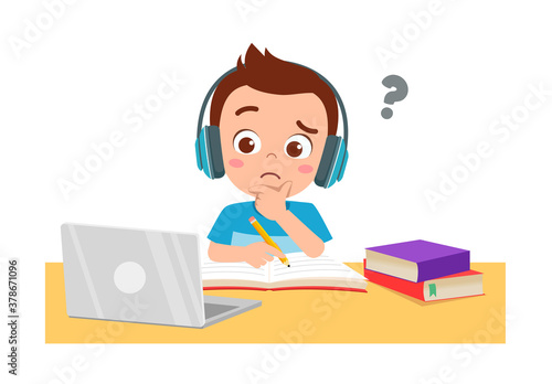 happy cute little kid do home school with computer laptop connect to internet study e-learning and course. e-learning web element