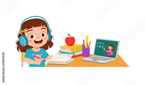 happy cute little kid do home school with computer laptop connect to internet study e-learning and course. e-learning web element