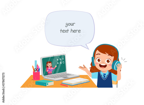 happy cute little kid do home school with computer laptop connect to internet study e-learning and course. e-learning web element