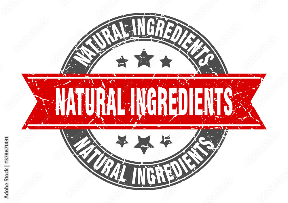 natural ingredients round stamp with ribbon. label sign