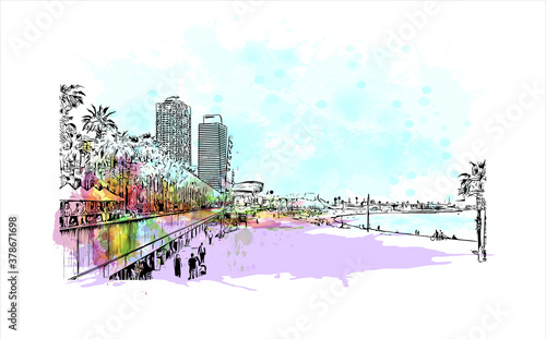 Building view with landmark of Barcelona is a city on the coast of northeastern Spain. Watercolor splash with hand drawn sketch illustration in vector.