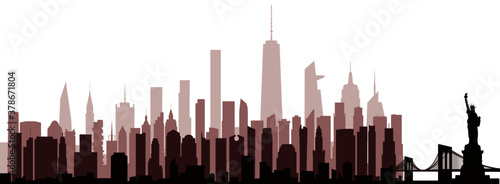 Idealized New York skyline with 53 of the city's best-known tall buildings.