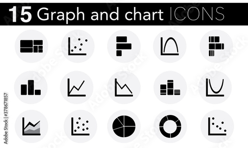 15 two-dimensional analytic graph and chart icons in grayscale