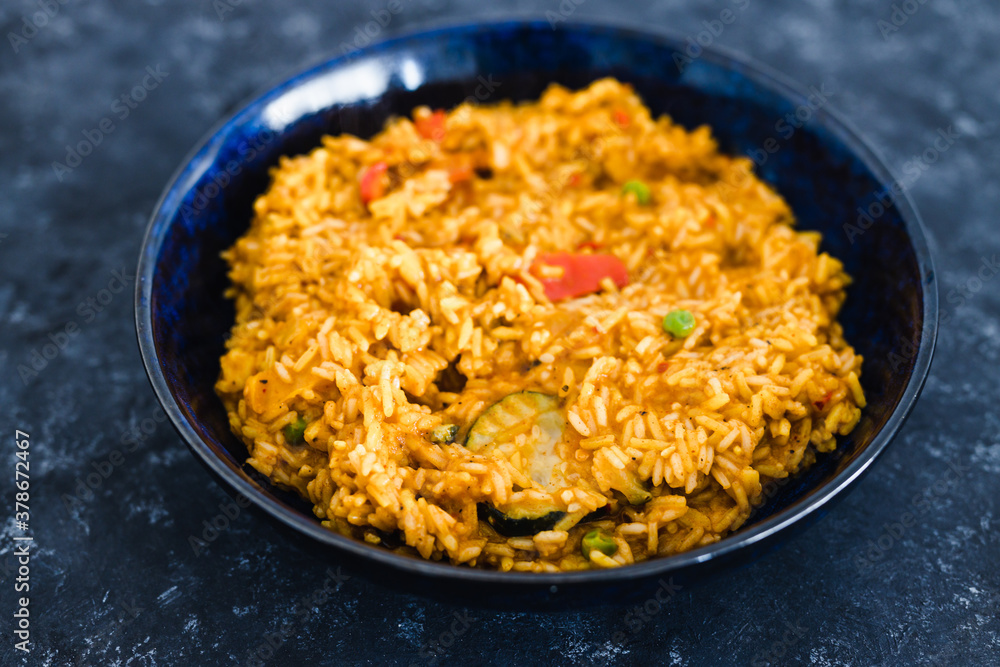plant-based food, vegan turmeric risotto with mediterranean vegetables plant-based food, vegan turmeric risotto with mediterranean vegetables