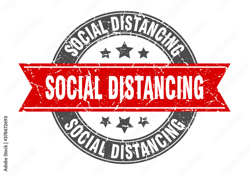 Fototapeta premium social distancing round stamp with ribbon. label sign