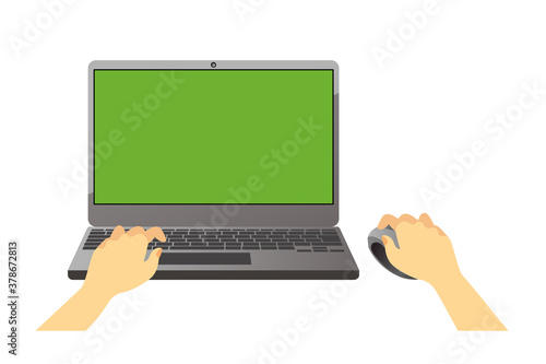 ノートパソコンとマウスを使う手のイラスト素材