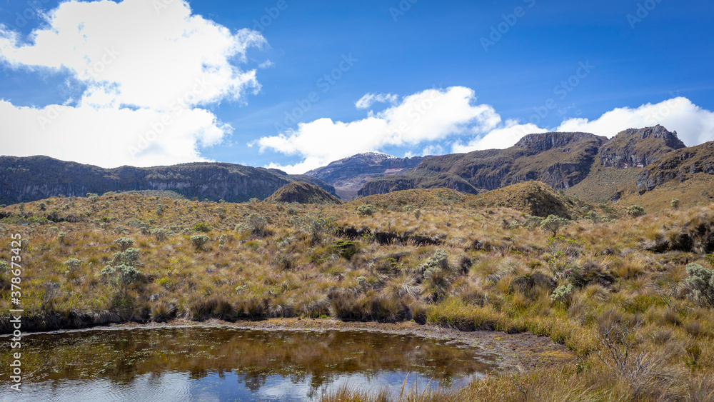 Landscape in Los Nevados National Natural Park in Colombia. Nevado de Santa Isabel and Nevado del Ruiz volcano