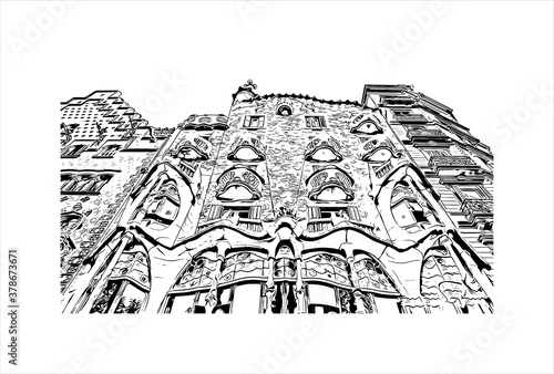 Building view with landmark of Barcelona is a city on the coast of northeastern Spain. Hand drawn sketch illustration in vector.