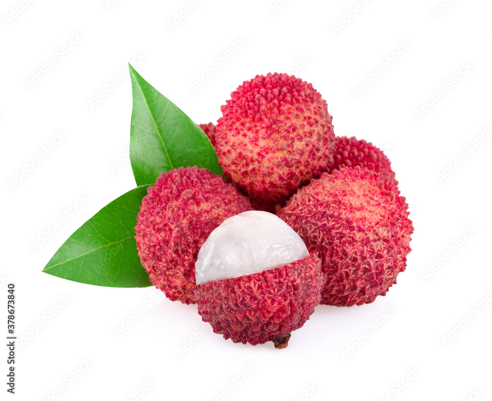 Lychee with leaves isolated on white background Lychee with leaves isolated on white background