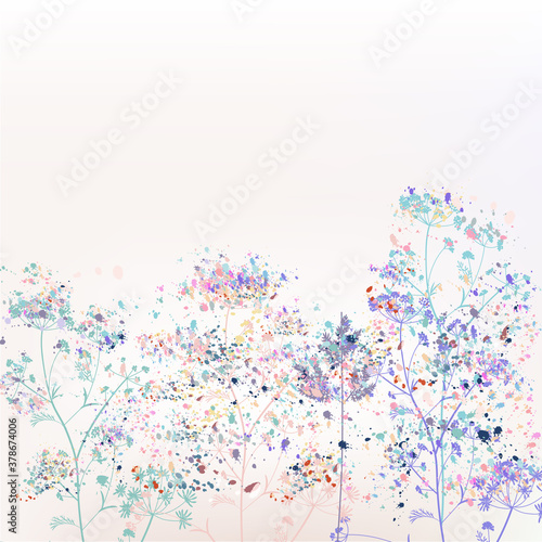 Beautiful abstract vector floral illustration with plants and paint spots
