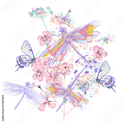 Beautiful vector illustration with flowers and dragonflies, spring time, vint...