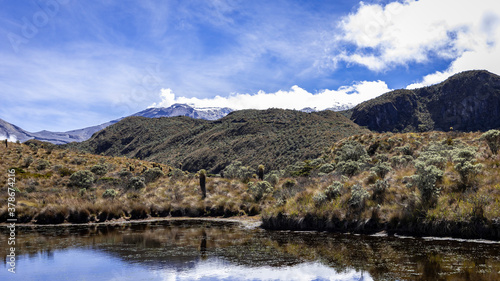 Landscape in Los Nevados National Natural Park in Colombia. Nevado de Santa Isabel and Nevado del Ruiz volcano