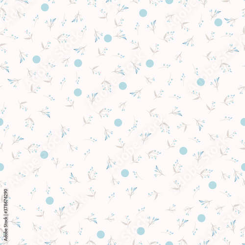Cute simple vector rustic pattern with blue flowers and polka dots