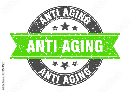 anti aging round stamp with ribbon. label sign