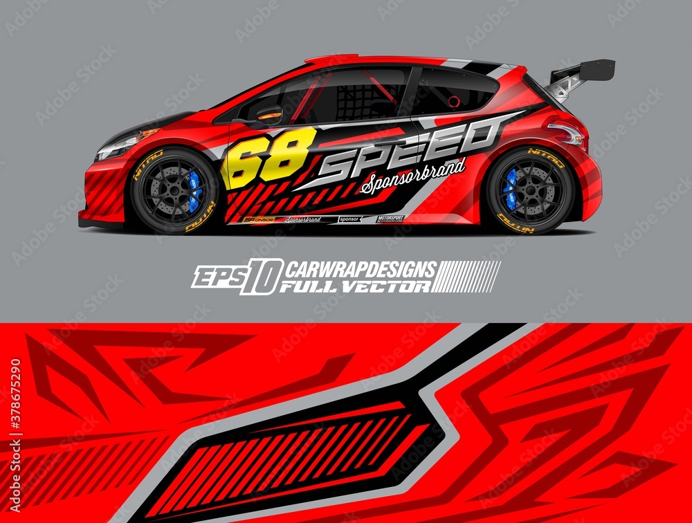 Fototapeta premium Car wrap decal graphic design. Abstract stripe racing background designs for wrap cargo van, race car, pickup truck, adventure vehicle. Eps 10