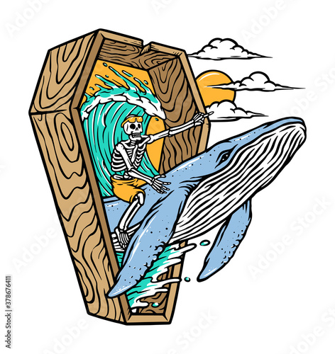 Skeleton riding a whale illustration