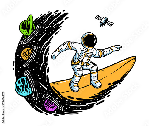 Surfing in the universe illustration