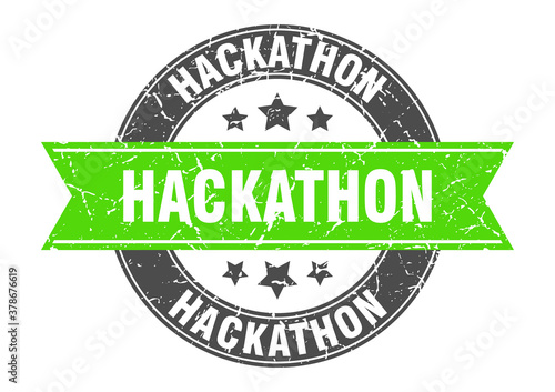 hackathon round stamp with ribbon. label sign