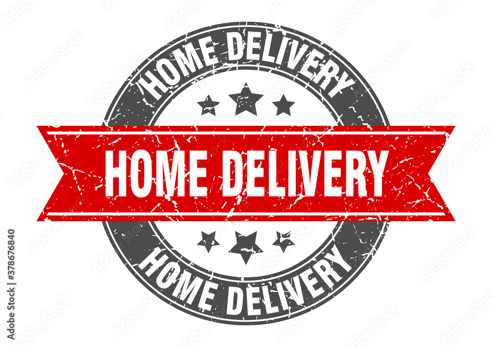 home delivery round stamp with ribbon. label sign