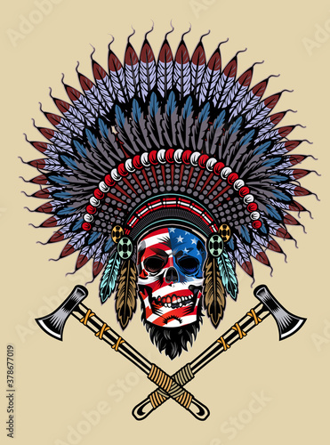 Indian chief tomahawk and USA flag