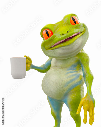 little frog cartoon is drinking somea coffee photo